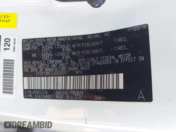 2018 Toyota Sienna XLE Auto Access Seat with VIN 5TDYZ3DC1JS930051, listed as a IAAI auction lot 42110401 with 130,121 mi miles and . Bid and sale history available at DreamBid. Image 9.