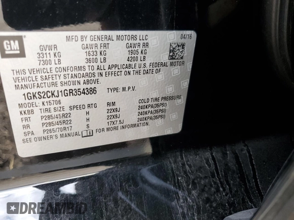 2016 GMC Yukon Denali with VIN 1GKS2CKJ1GR354386, listed as a Copart auction lot 80504333 with 118,258 mi miles and Salvage Title. Bid and sale history available at carsss.com. Image 13.