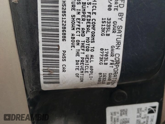 2001 Saturn SL z VIN 1G8ZH52851Z286886, wystawiony jako Copart lot #84883824 z przebiegiem Nie podano mil oraz Szkoda całkowita • Salvage title. Historia ofert i sprzedaży dostępna na DreamBid. Obrazek 12.