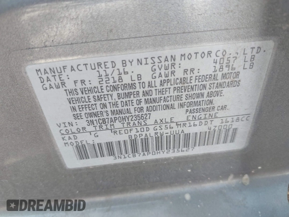 2017 Nissan Sentra SR Turbo with VIN 3N1CB7AP0HY235627, listed as a IAAI auction lot 42022742 with 247,514 mi miles. Bid and sale history available at carsss.com. Image 9.