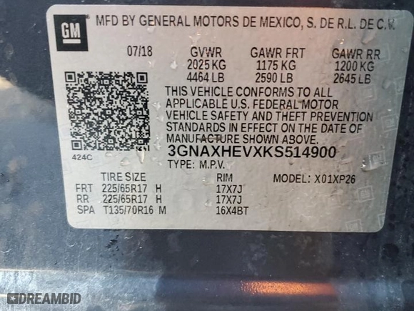 2019 Chevrolet Equinox LS with VIN 3GNAXHEVXKS514900, listed as a Copart auction lot 85048014 with 89,837 mi miles and Salvage Title. Bid and sale history available at carsss.com. Image 14.
