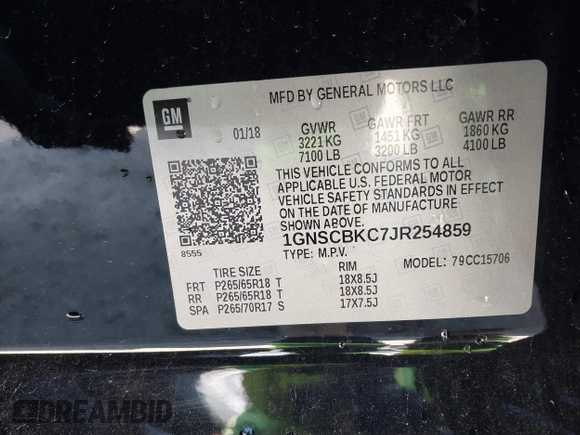 2018 Chevrolet Tahoe LT z VIN 1GNSCBKC7JR254859, wystawiony jako IAAI lot #41620074 z przebiegiem 124 714 mil mil oraz . Historia ofert i sprzedaży dostępna na DreamBid. Obrazek 9.