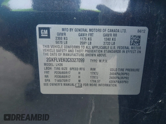 2012 GMC Terrain SLT-1 z VIN 2GKFLVEK0C6327099, wystawiony jako IAAI lot #42471918 z przebiegiem 152 359 mil mil oraz . Historia ofert i sprzedaży dostępna na DreamBid. Obrazek 9.