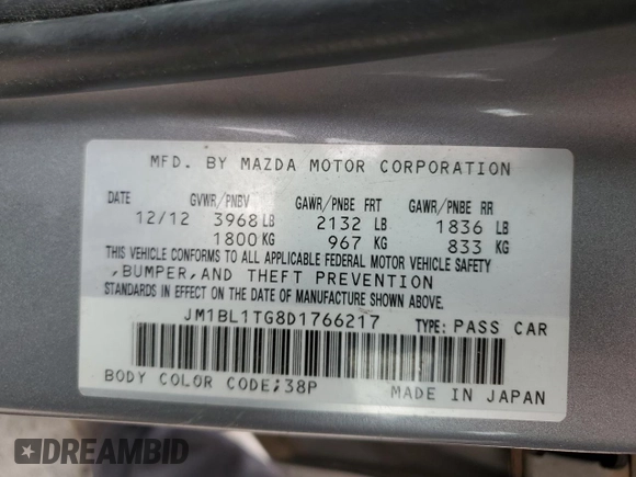 2013 Mazda 3 i SV with VIN JM1BL1TG8D1766217, listed as a Copart auction lot 51666635 with 149,306 mi miles and Salvage title. Bid and sale history available at DreamBid. Image 12.