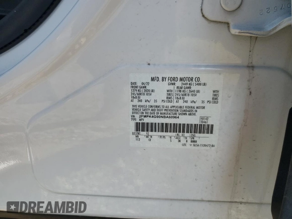 2022 Ford Edge SE with VIN 2FMPK4G90NBA60964, listed as a Copart auction lot 64940435 with 93,364 mi miles and Clean title. Bid and sale history available at DreamBid. Image 13.
