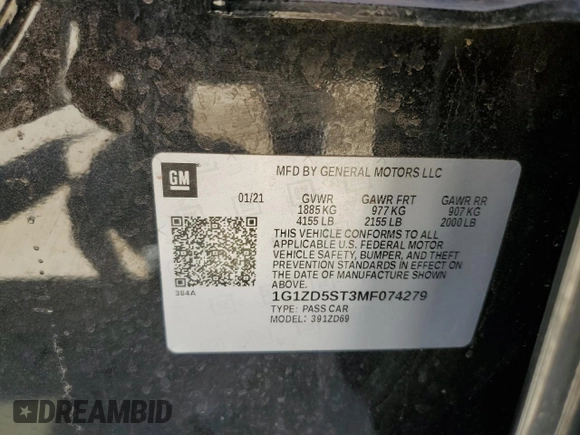 2021 Chevrolet Malibu LT with VIN 1G1ZD5ST3MF074279, listed as a Copart auction lot 50039195 with 67,065 mi miles and Clean Title. Bid and sale history available at DreamBid. Image 13.