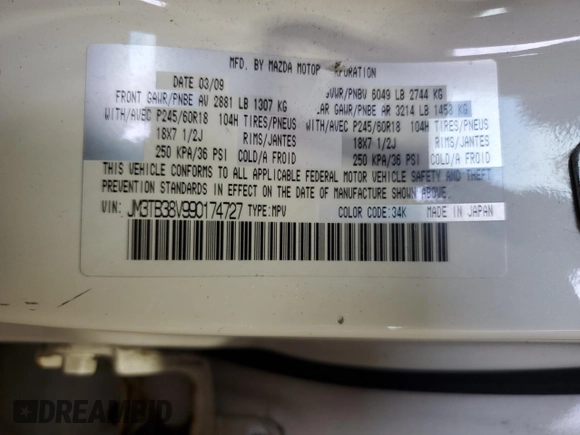 2009 Mazda CX-9 Touring with VIN JM3TB38V990174727, listed as a Copart auction lot 54145625 with 161,211 mi miles and Salvage Title. Bid and sale history available at DreamBid. Image 13.