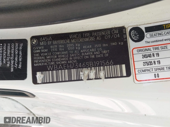 2005 BMW 6 Series 645Ci with VIN WBAEH73465B191566, listed as a IAAI auction lot 41790186 with Not Provided miles and . Bid and sale history available at carsss.com. Image 9.