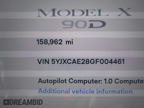 2016 Tesla Model X 70D z VIN 5YJXCAE28GF004461, wystawiony jako IAAI lot #41004214 z przebiegiem 158 962 mil mil oraz . Historia ofert i sprzedaży dostępna na DreamBid. Obrazek 15.