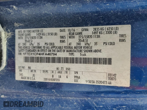 2017 Ford F-150 XL with VIN 1FTEX1CP4HFA46794, listed as a Copart auction lot 59623205 with Not provided miles and Salvage title. Bid and sale history available at DreamBid. Image 13.