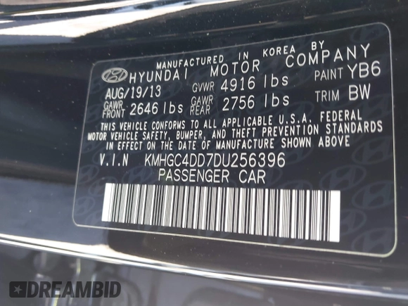 2013 Hyundai Genesis 3.8L with VIN KMHGC4DD7DU256396, listed as a IAAI auction lot 41839540 with 90,105 mi miles. Bid and sale history available at carsss.com. Image 9.
