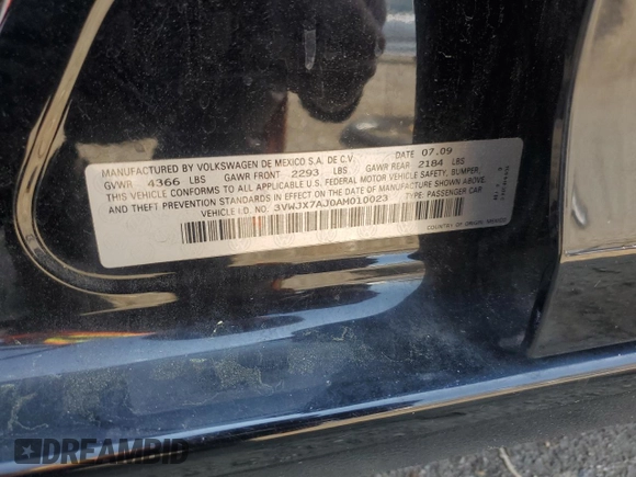 2010 Volkswagen Jetta S with VIN 3VWJX7AJ0AM010023, listed as a Copart auction lot 52379285 with 124,881 mi miles and Salvage title. Bid and sale history available at DreamBid. Image 12.
