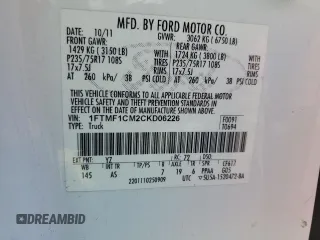 2012 Ford F-150 XL with VIN 1FTMF1CM2CKD06226, listed as a Copart auction lot 46941955 with 188,890 mi miles and Salvage Title. Bid and sale history available at carsss.com. Image 12.