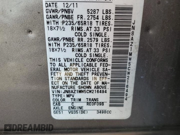 2012 Nissan Murano SV with VIN JN8AZ1MW5CW216494, listed as a Copart auction lot 53656735 with 156,249 mi miles and Salvage Title. Bid and sale history available at carsss.com. Image 13.