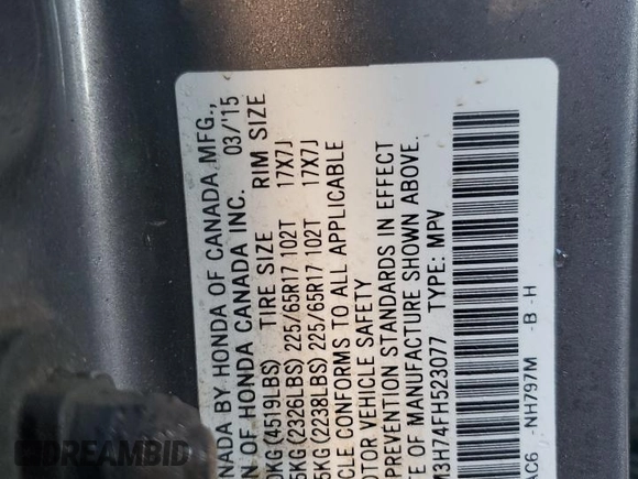 2015 Honda CR-V EX-L with VIN 2HKRM3H74FH523077, listed as a Copart auction lot 43620665 with Not Provided miles and Salvage Title. Bid and sale history available at carsss.com. Image 13.