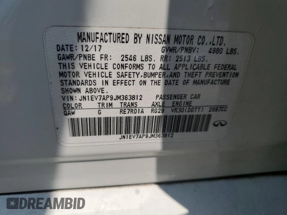 2018 Infiniti Q50 Luxe z VIN JN1EV7AP9JM363812, wystawiony jako Copart lot #59270605 z przebiegiem Nie podano mil oraz Szkoda całkowita • Salvage title. Historia ofert i sprzedaży dostępna na DreamBid. Obrazek 13.