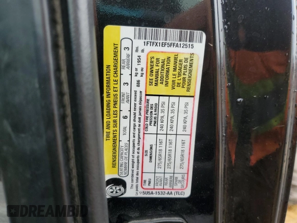 2015 Ford F-150 XLT with VIN 1FTFX1EF5FFA12515, listed as a Copart auction lot 57848305 with 208,130 mi miles and Clean title. Bid and sale history available at DreamBid. Image 12.