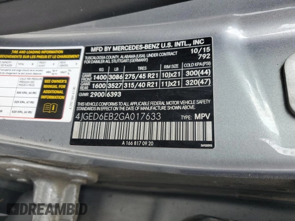 2016 Mercedes-Benz GLE 450 AMG with VIN 4JGED6EB2GA017633, listed as a Copart auction lot 55048555 with 193,229 mi miles and Salvage title. Bid and sale history available at DreamBid. Image 13.