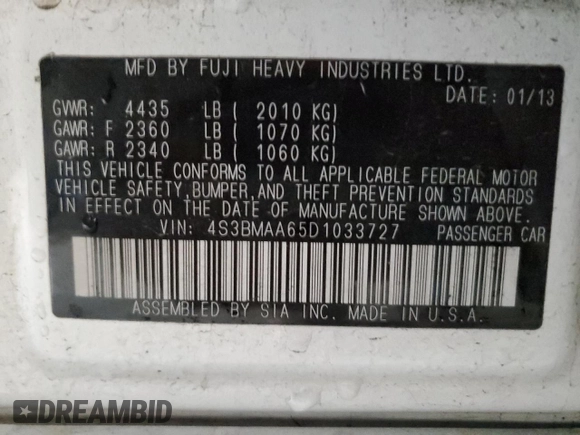 2013 Subaru Legacy 2.5i with VIN 4S3BMAA65D1033727, listed as a Copart auction lot 84661974 with 134,794 mi miles and Salvage title. Bid and sale history available at DreamBid. Image 12.