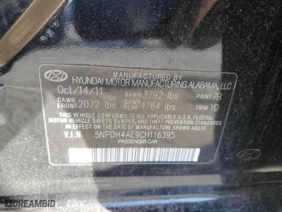 2012 Hyundai Elantra Limited with VIN 5NPDH4AE9CH116395, listed as a Copart auction lot 50218895 with 167,324 mi miles and Salvage Title. Bid and sale history available at carsss.com. Image 12.