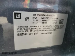 2013 Chevrolet Sonic LT with VIN 1G1JC5SH1D4141906, listed as a Copart auction lot 51786685 with 180,937 mi miles and Salvage Title. Bid and sale history available at carsss.com. Image 13.
