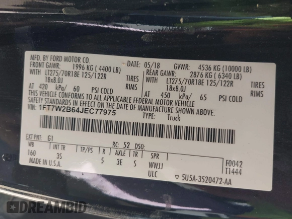2018 Ford F-250 XL с VIN 1FT7W2B64JEC77975, выставлен на аукционе IAAI как лот 41854388 с пробегом 151 901 миль миль и . История ставок и продаж доступна на DreamBid. Изображение 9.
