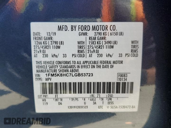 2020 Ford Explorer Platinum с VIN 1FM5K8HC7LGB53723, выставлен на аукционе Copart как лот 55531435 с пробегом 51 989 миль миль и Списание • Salvage title. История ставок и продаж доступна на DreamBid. Изображение 13.