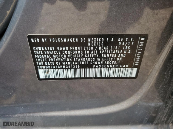 2017 Volkswagen Jetta 1.4T SE with VIN 3VWDB7AJ8HM391299, listed as a Copart auction lot 85935374 with 72,425 mi miles and Salvage Title. Bid and sale history available at carsss.com. Image 12.