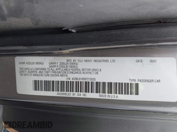 2008 Subaru Legacy Special with VIN 4S3BL616087213555, listed as a IAAI auction lot 41885783 with 208,274 mi miles and . Bid and sale history available at DreamBid. Image 9.