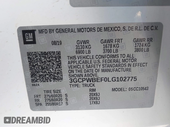 2020 Chevrolet Silverado 1500 Custom with VIN 3GCPWBEF0LG102775, listed as a IAAI auction lot 42000380 with 94,250 mi miles and . Bid and sale history available at DreamBid. Image 9.