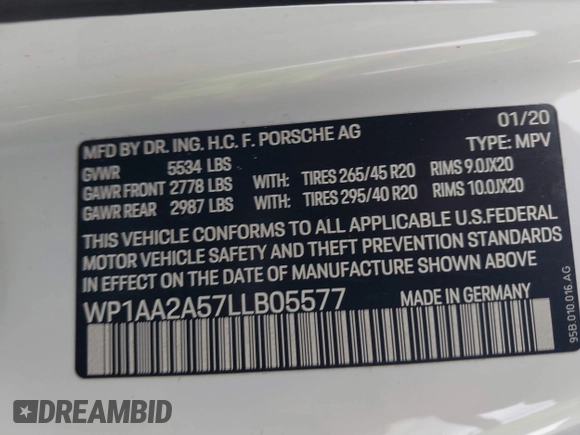 2020 Porsche Macan with VIN WP1AA2A57LLB05577, listed as a IAAI auction lot 41218128 with Not provided miles and . Bid and sale history available at DreamBid. Image 9.