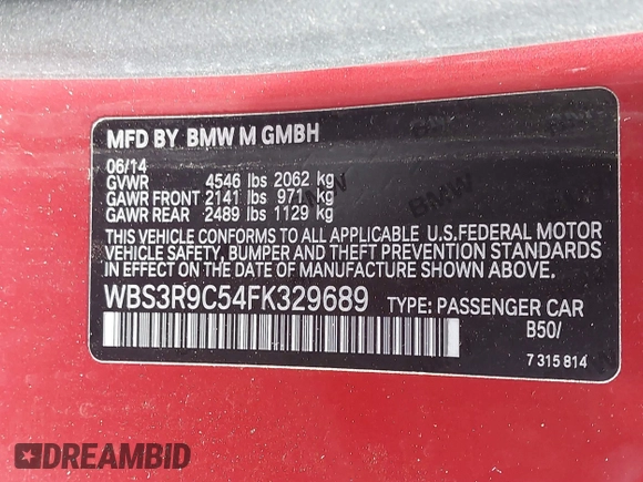 2015 BMW M4 with VIN WBS3R9C54FK329689, listed as a IAAI auction lot 41776061 with Not Provided miles. Bid and sale history available at carsss.com. Image 9.