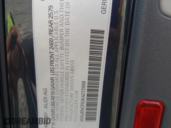 2019 Audi A5 Sportback Premium Plus with VIN WAUENCF50KA072998, listed as a Copart auction lot 66960033 with 0 mi miles. Bid and sale history available at carsss.com. Image 14.