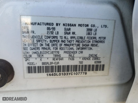 2000 Nissan Altima XE with VIN 1N4DL01D3YC107778, listed as a Copart auction lot 77478584 with 201,711 mi miles and Clean Title. Bid and sale history available at carsss.com. Image 14.
