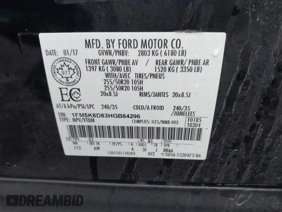 2017 Ford Explorer XLT with VIN 1FM5K8D83HGB84296, listed as a IAAI auction lot 42170542 with 118,335 mi miles and . Bid and sale history available at carsss.com. Image 9.