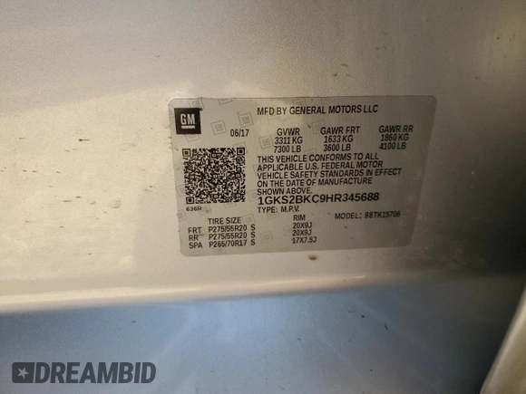 2017 GMC Yukon SLT with VIN 1GKS2BKC9HR345688, listed as a Copart auction lot 52303075 with 122,969 mi miles and Salvage Title. Bid and sale history available at carsss.com. Image 15.