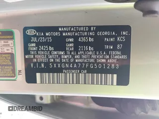 2015 Kia Optima EX with VIN 5XXGN4A77FG501283, listed as a IAAI auction lot 41836864 with 19,875 mi miles. Bid and sale history available at carsss.com. Image 9.