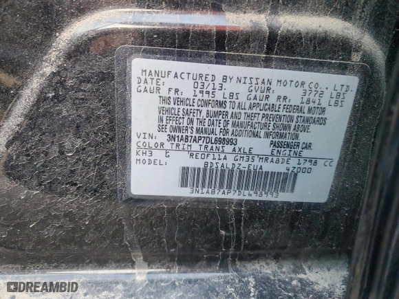 2013 Nissan Sentra SL with VIN 3N1AB7AP7DL698993, listed as a Copart auction lot 78292084 with 137,612 mi miles and Salvage Title. Bid and sale history available at carsss.com. Image 12.