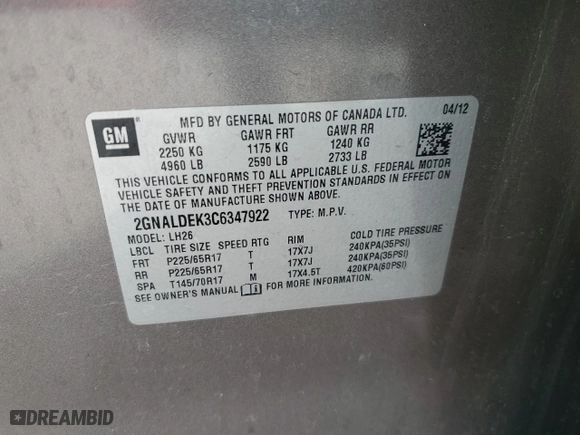 2012 Chevrolet Equinox LT w/1LT with VIN 2GNALDEK3C6347922, listed as a Copart auction lot 53240205 with 222,091 mi miles and Salvage Title. Bid and sale history available at carsss.com. Image 14.