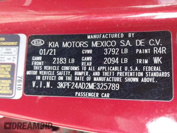 2021 Kia Forte FE with VIN 3KPF24AD2ME325789, listed as a IAAI auction lot 41847510 with 40,789 mi miles. Bid and sale history available at carsss.com. Image 9.