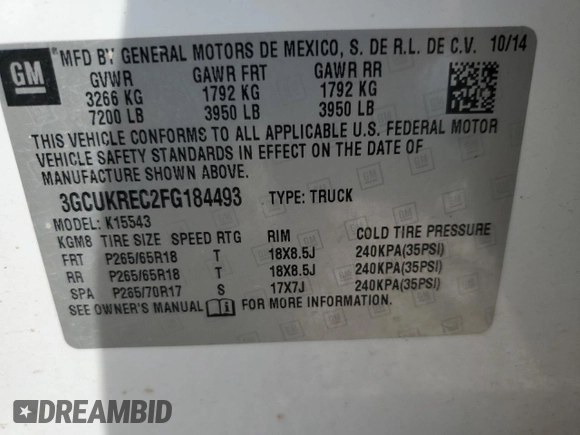 2015 Chevrolet Silverado 1500 LT with VIN 3GCUKREC2FG184493, listed as a Copart auction lot 52873115 with 174,704 mi miles and Salvage Title. Bid and sale history available at DreamBid. Image 15.