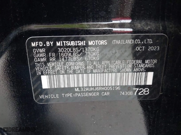 2024 Mitsubishi Mirage ES with VIN ML32AUHJ6RH005196, listed as a IAAI auction lot 41536928 with 8,167 mi miles. Bid and sale history available at carsss.com. Image 9.