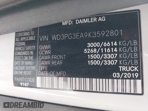2019 Mercedes-Benz Metris Cargo with VIN WD3PG3EA9K3592801, listed as a IAAI auction lot 42048501 with 75,702 mi miles. Bid and sale history available at carsss.com. Image 9.