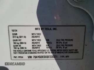 2025 Tesla Model Y Long Range with VIN 7SAYGDEDXSF228371, listed as a Copart auction lot 43925575 with 2,848 mi miles and Salvage Title. Bid and sale history available at DreamBid. Image 13.