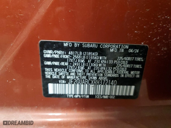 2024 Subaru Crosstrek with VIN JF2GUABCXRH372140, listed as a Copart auction lot 86976994 with NaN miles and Salvage Title. Bid and sale history available at carsss.com. Image 13.