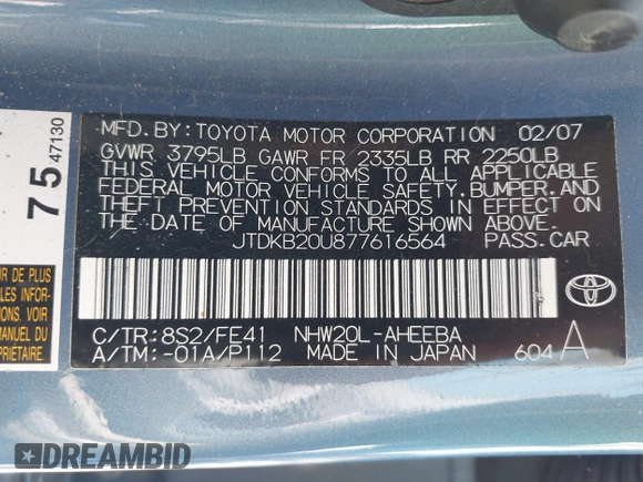 2007 Toyota Prius with VIN JTDKB20U877616564, listed as a IAAI auction lot 42410078 with 335,498 mi miles and . Bid and sale history available at DreamBid. Image 9.