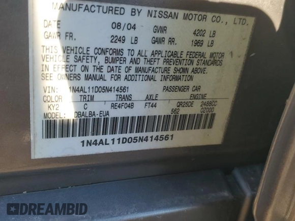 2005 Nissan Altima 2.5 S with VIN 1N4AL11D05N414561, listed as a Copart auction lot 46063995 with 182,276 mi miles and Salvage Title. Bid and sale history available at carsss.com. Image 14.
