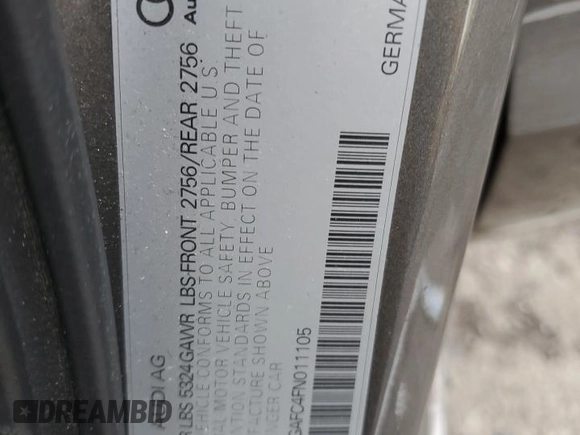 2015 Audi A6 Premium Plus with VIN WAUFGAFC4FN011105, listed as a Copart auction lot 54361885 with 124,181 mi miles and Salvage title. Bid and sale history available at DreamBid. Image 12.