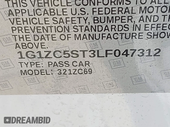 2020 Chevrolet Malibu LS with VIN 1G1ZC5ST3LF047312, listed as a IAAI auction lot 42109712 with 53,525 mi miles and . Bid and sale history available at DreamBid. Image 9.