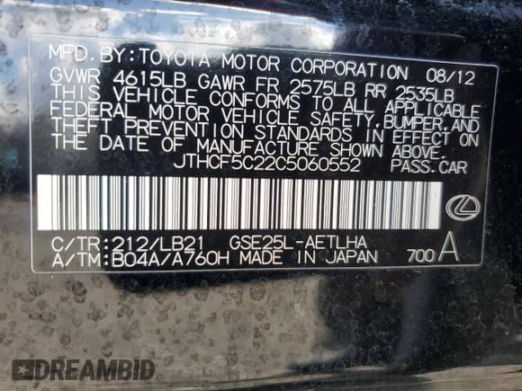 2012 Lexus IS 250 with VIN JTHCF5C22C5060552, listed as a Copart auction lot 48714725 with 138,583 mi miles and Salvage Title. Bid and sale history available at DreamBid. Image 12.